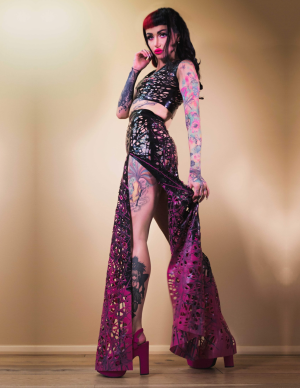 Ombre Mesh Latex Maxi Skirt Double Slit